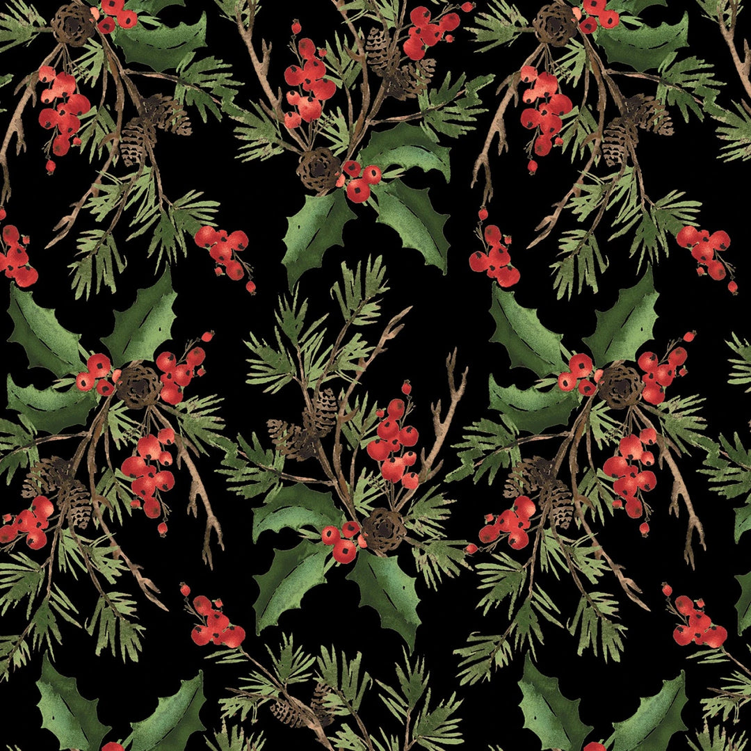 Black Holly Bouquet | 108” Cotton (1883 - 99) - Sold in UNITS of 1/4 metre - Maple Leaf Quilting Company Ltd.