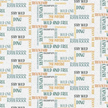 Blue/Orange Dinosaur Words 118" Cotton (183 - 25409) – Sold in UNITS of ¼ metre - Maple Leaf Quilting Company Ltd.