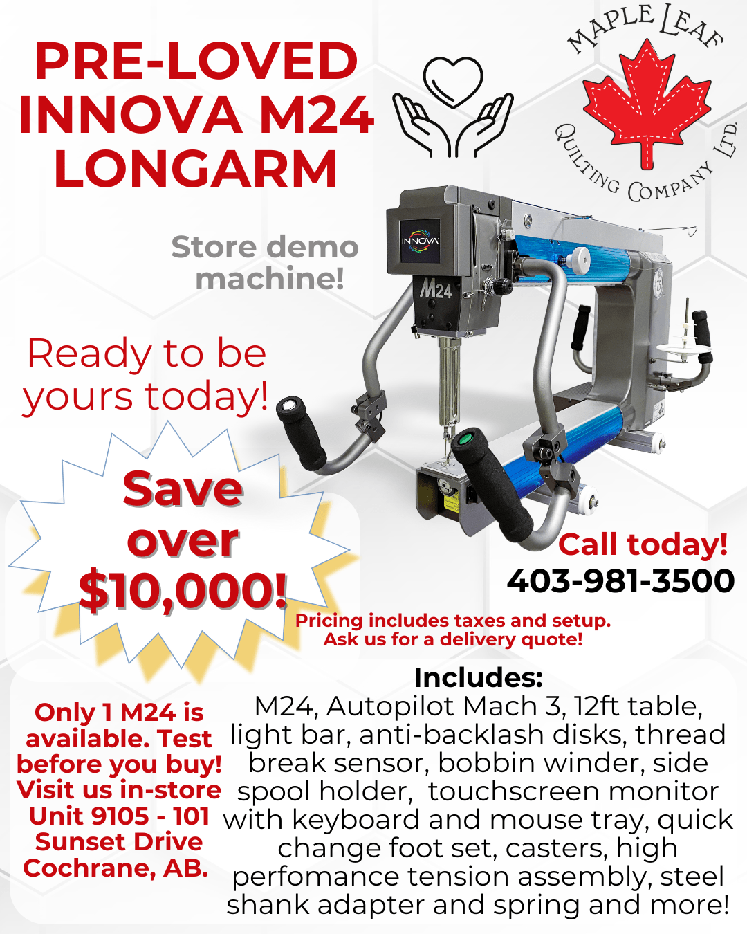 Pre - Loved - Innova M24 Longarm with 8ft table (12ft table available) - Maple Leaf Quilting Company Ltd.