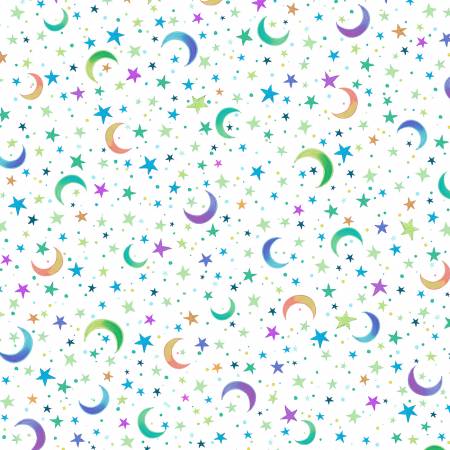 White Moon & Star Toss 108" Cotton (HPAT5310 - W) – Sold in UNITS of ¼ metre - Maple Leaf Quilting Company Ltd.