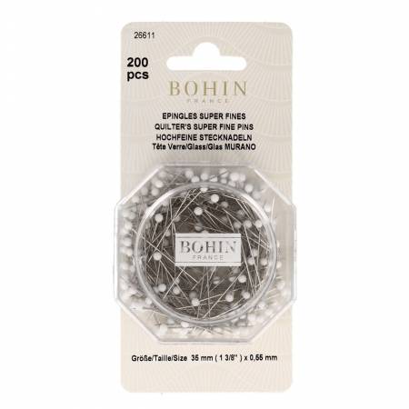 Bohin Glass Head Pin White Size 28 - 1 3/8in 200ct (26611)