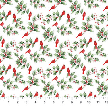 White Cardinal &amp; Holly - Holly Jolly | 43/44" Cotton (28816-10) - Sold in UNITS of ¼ metre