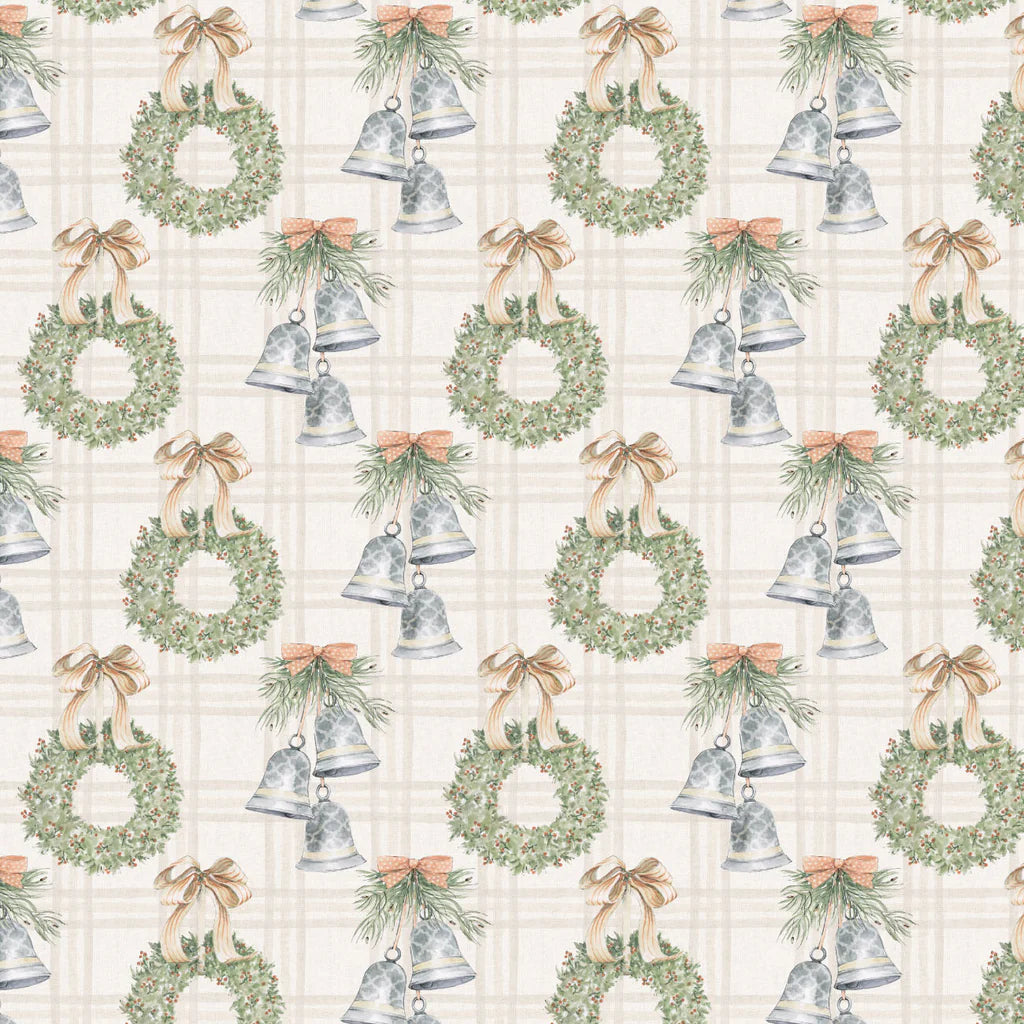 Off White - Silver Bells and Festive Wreaths 44" Wide Cotton (66250402-01) 🇨🇦