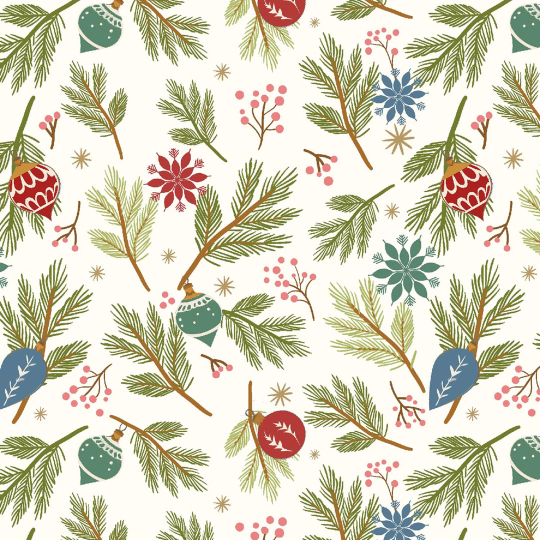 Holly Jolly Calico -Ecru Pine Bough Ornaments 4.8" | 44"/45" Cotton