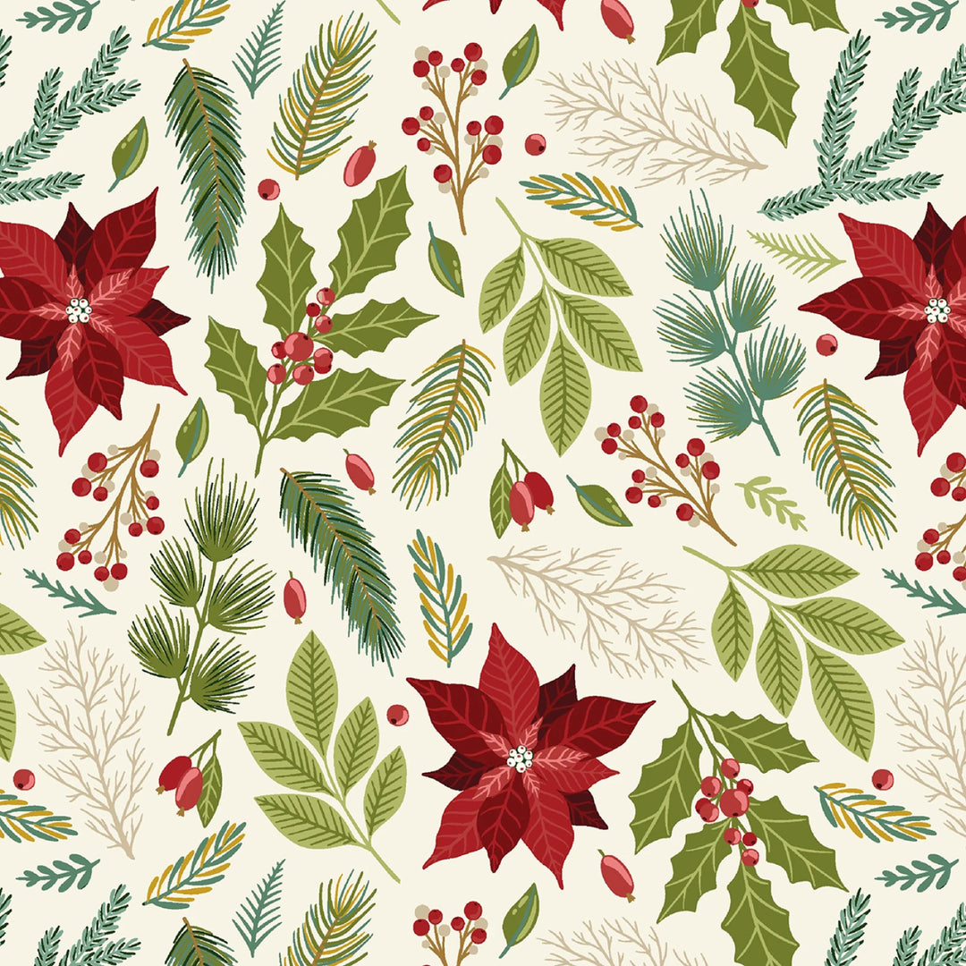 Holly Jolly Calico - Ecru Poinsettia Floral 8"  | 44"/45" Cotton