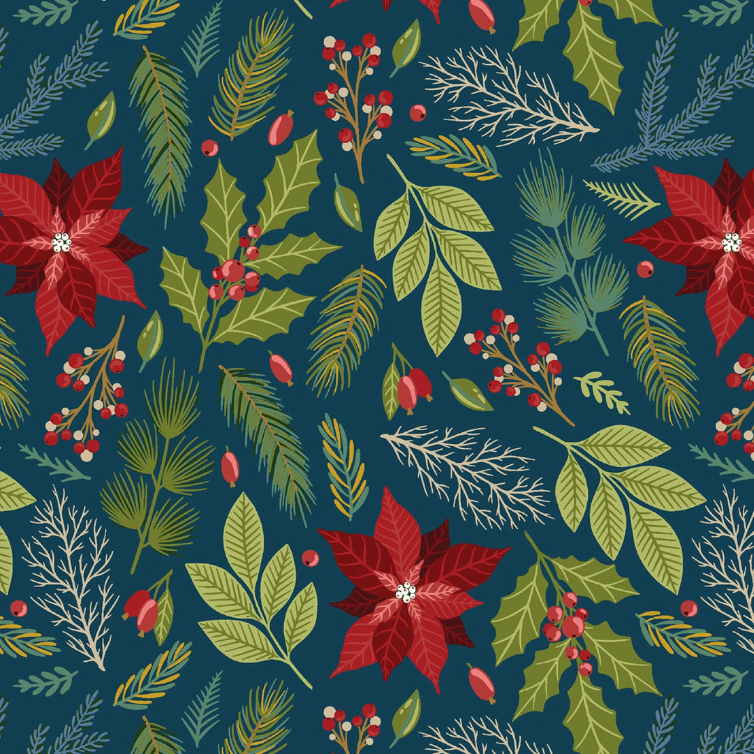 Holly Jolly Calico - Navy Poinsettia Floral 8" | 44"/45" Cotton