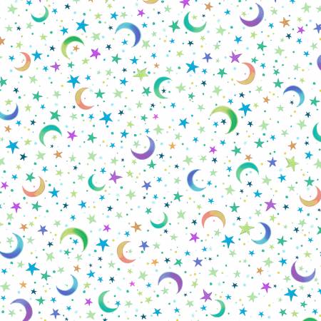 White Moon & Star Toss 108" Cotton (HPAT5310-W) – Sold in UNITS of ¼ metre