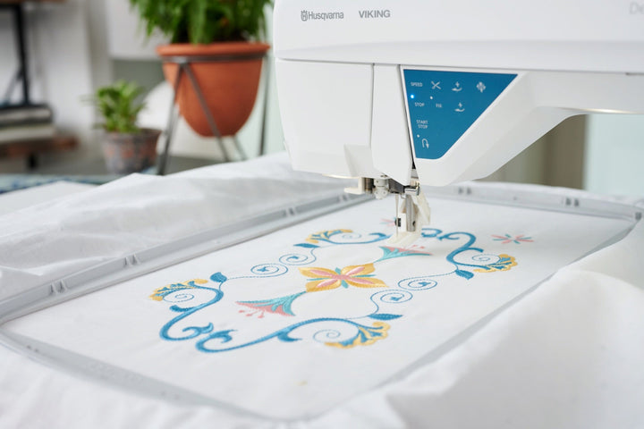 Husqvarna Viking DESIGNER SAPPHIRE 85 Husqvarna Viking Sewing and Embroidery machines on sale at Maple Leaf Quilting Company serving Alberta including Cochrane, Calgary, Red Deer, Lethbridge, Medicine Hat