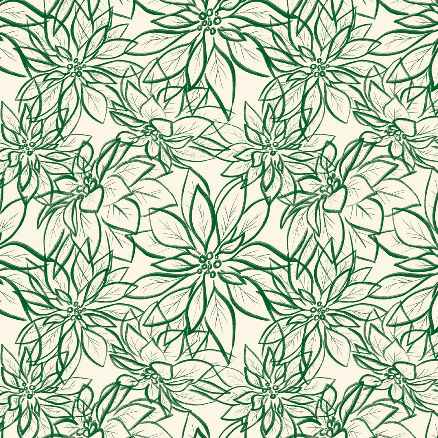 Hand-Drawn Poinsettias - Cream/Green  | 108” Cotton (POIW5886-EG) - Sold in UNITS of 1/4 metre