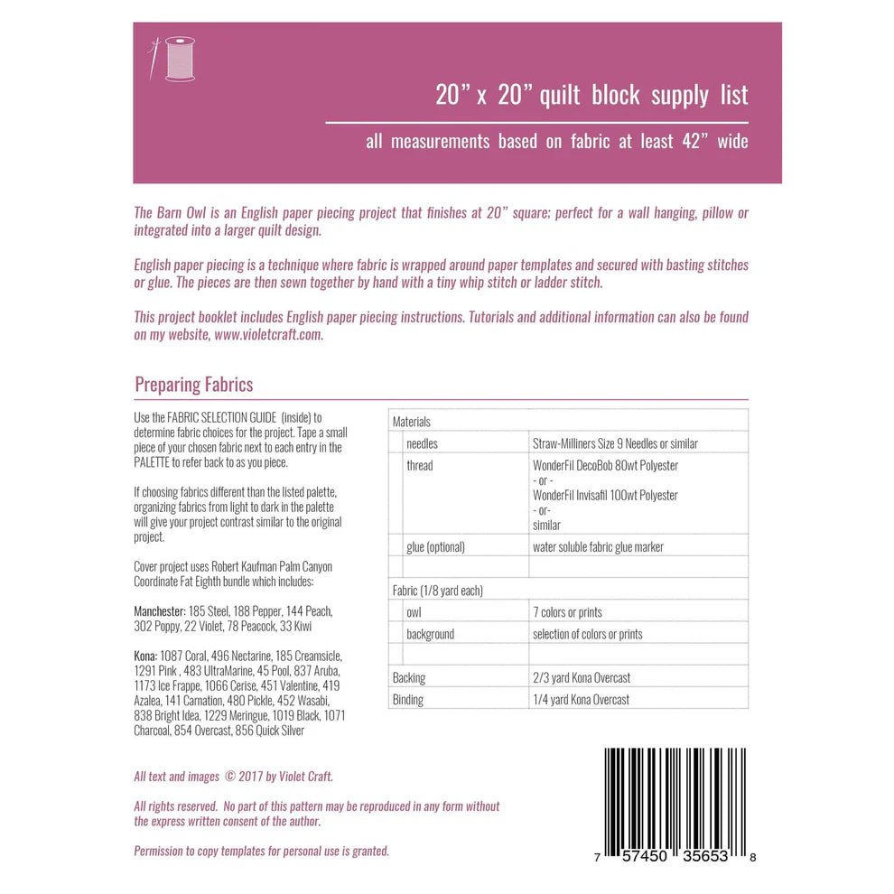 Barn Owl - EPP Project Pattern - Maple Leaf Quilting Company Ltd.