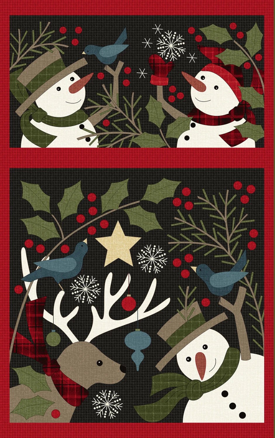 Black Snowmen Panel - 27" x 42" Flannel Panel (F10890M - J) - Maple Leaf Quilting Company Ltd.
