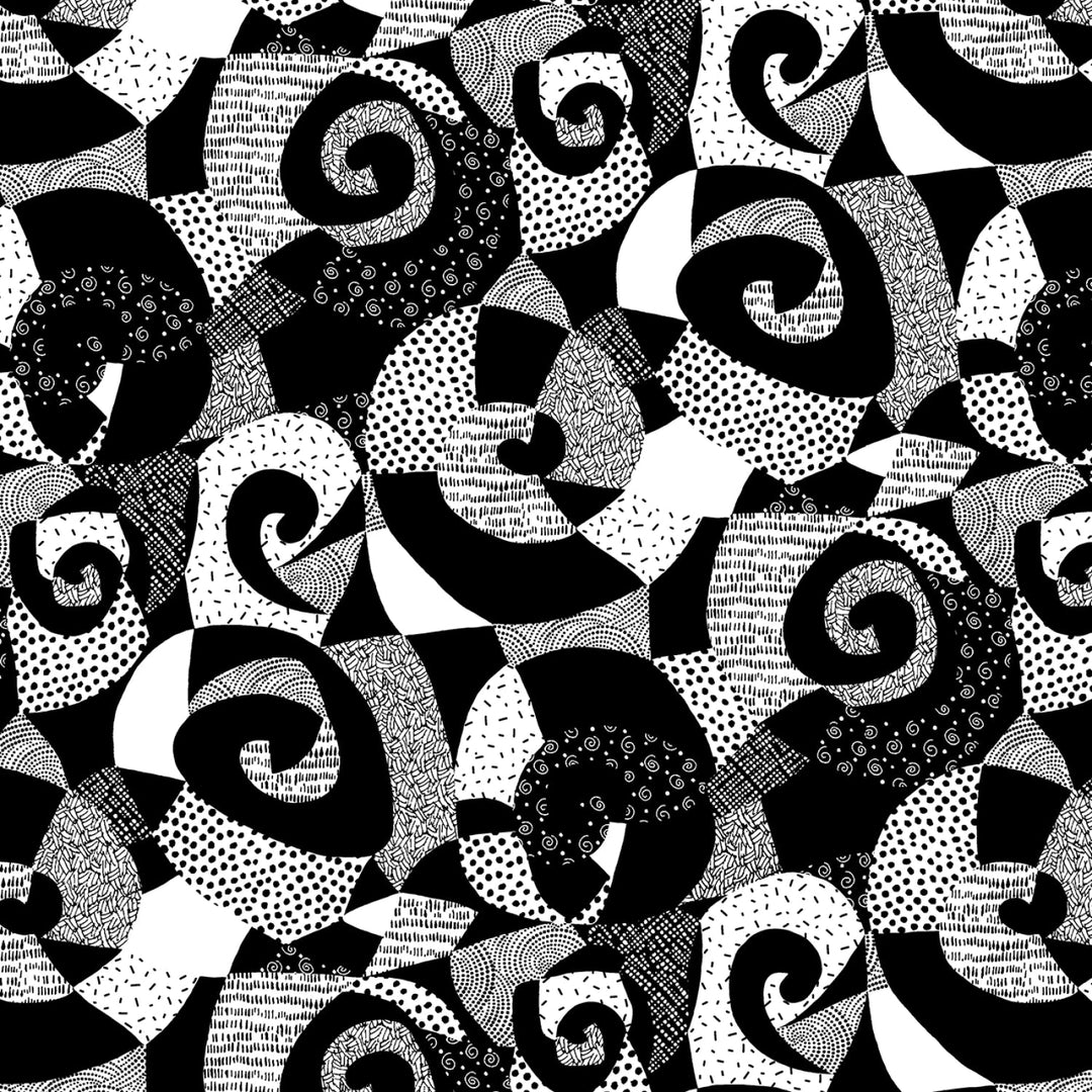 Black/White Large Swirls 118” Cotton (8245S - 90) - Sold in UNITS of 1/4 metre - Maple Leaf Quilting Company Ltd.