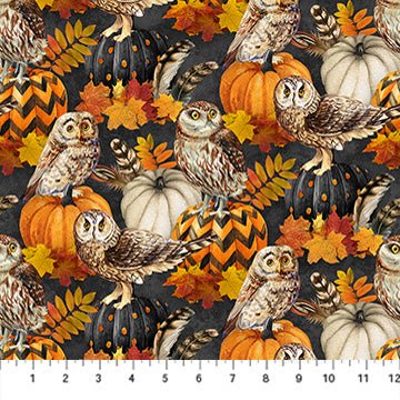 Charcoal Owl &amp; Feathers - Night Owl | 43/44" Cotton (DP28846 - 96) - Sold in UNITS of ¼ metre - Maple Leaf Quilting Company Ltd.
