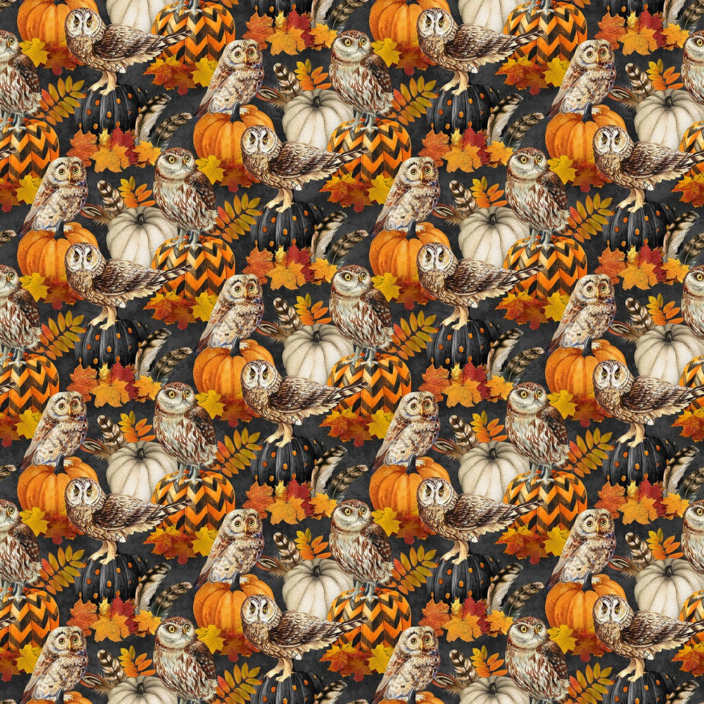 Charcoal Owl & Feathers - Night Owl | 43/44" Cotton (DP28846 - 96) - Sold in UNITS of ¼ metre - Maple Leaf Quilting Company Ltd.