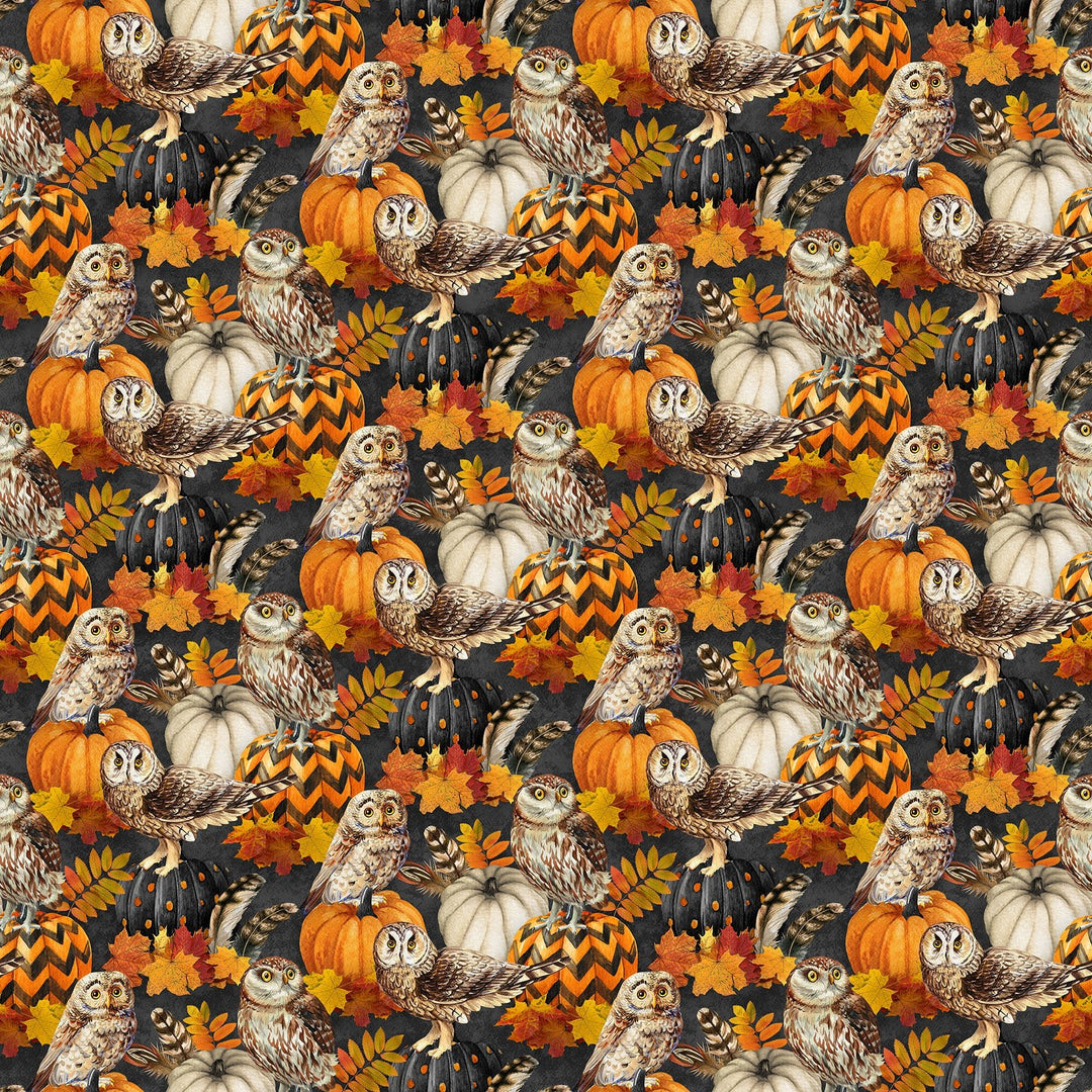 Charcoal Owl &amp; Feathers - Night Owl | 43/44" Cotton (DP28846 - 96) - Sold in UNITS of ¼ metre - Maple Leaf Quilting Company Ltd.