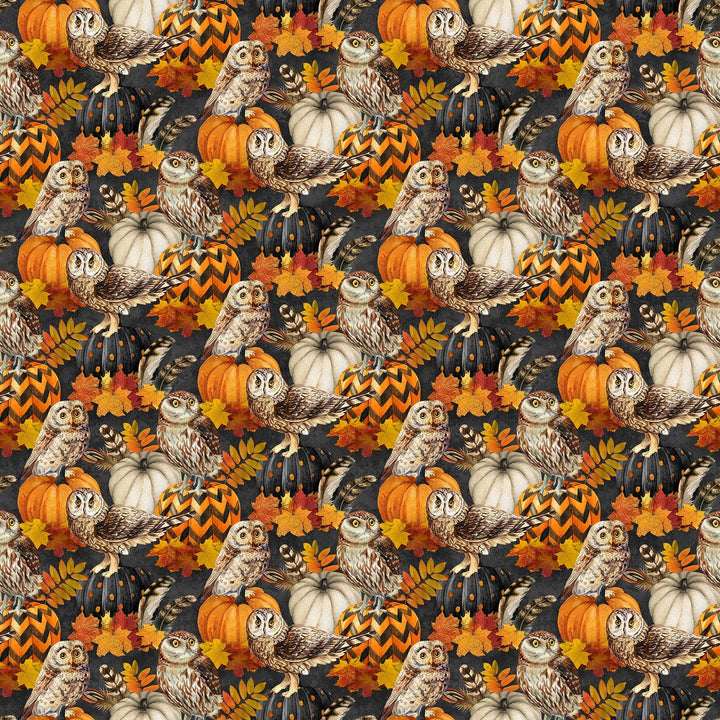Charcoal Owl &amp; Feathers - Night Owl | 43/44" Cotton (DP28846 - 96) - Sold in UNITS of ¼ metre - Maple Leaf Quilting Company Ltd.