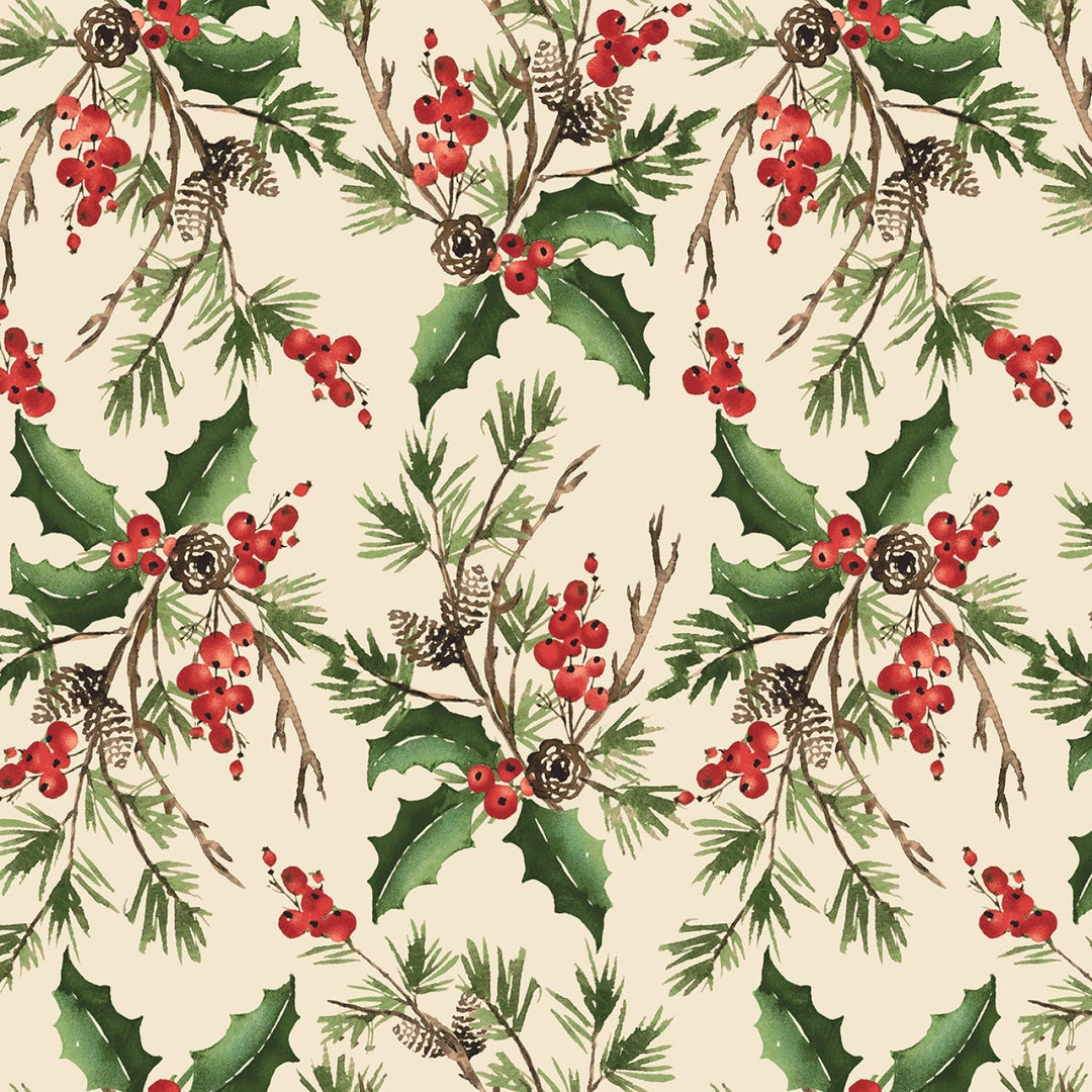 Cream Holly Bouquet | 108” Cotton (1883 - 44) - Sold in UNITS of 1/4 metre - Maple Leaf Quilting Company Ltd.