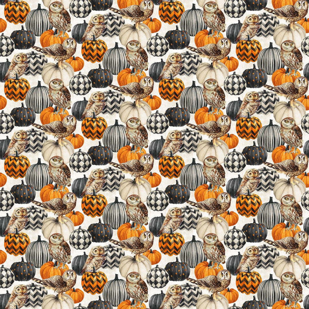 Cream Owl &amp; Pumpkins - Night Owl | 43/44" Cotton (DP28847 - 11) - Sold in UNITS of ¼ metre - Maple Leaf Quilting Company Ltd.