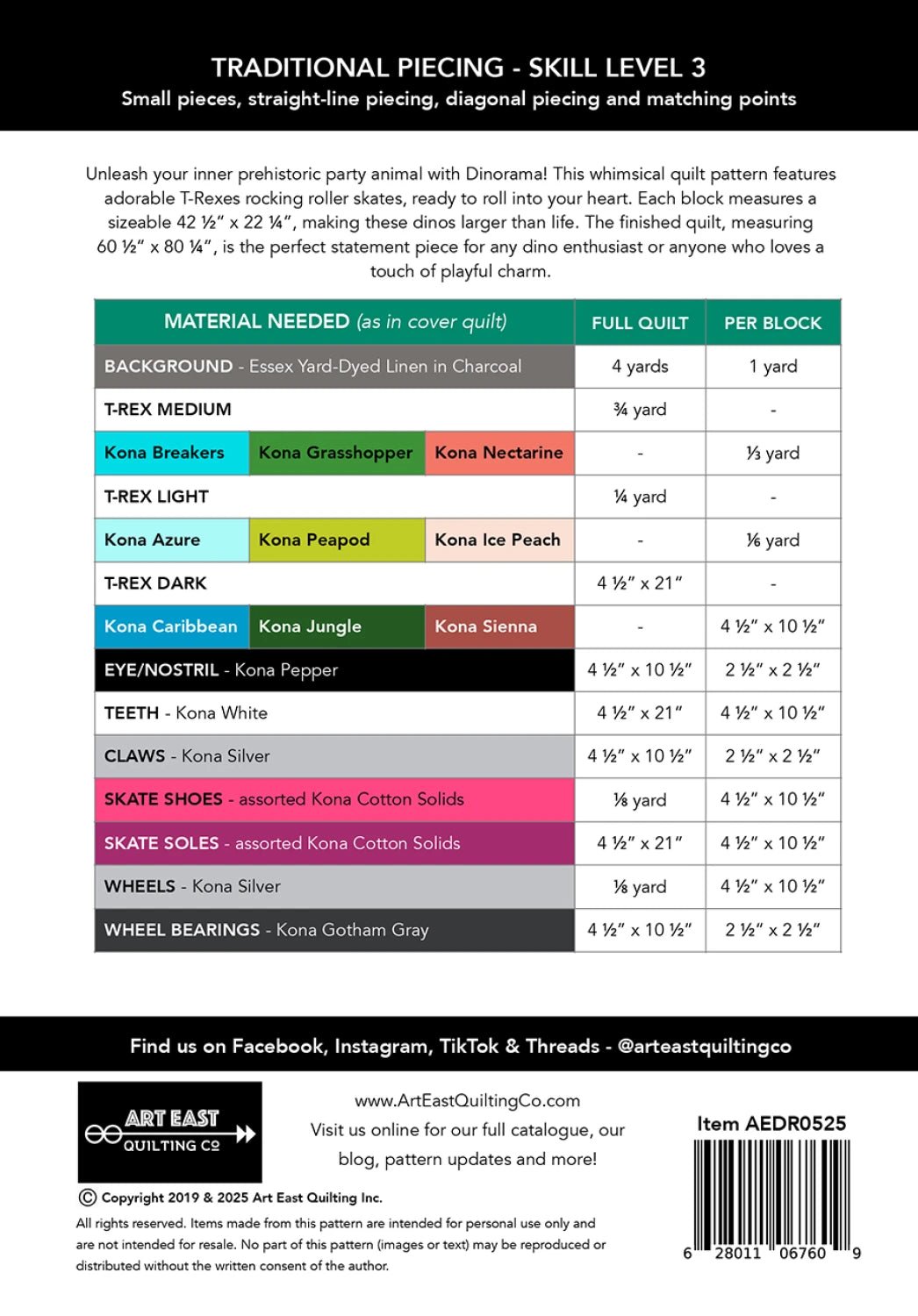 Dinorama - T - Rex on Roller Skates Quilt Pattern (AEDR0525) - Maple Leaf Quilting Company Ltd.