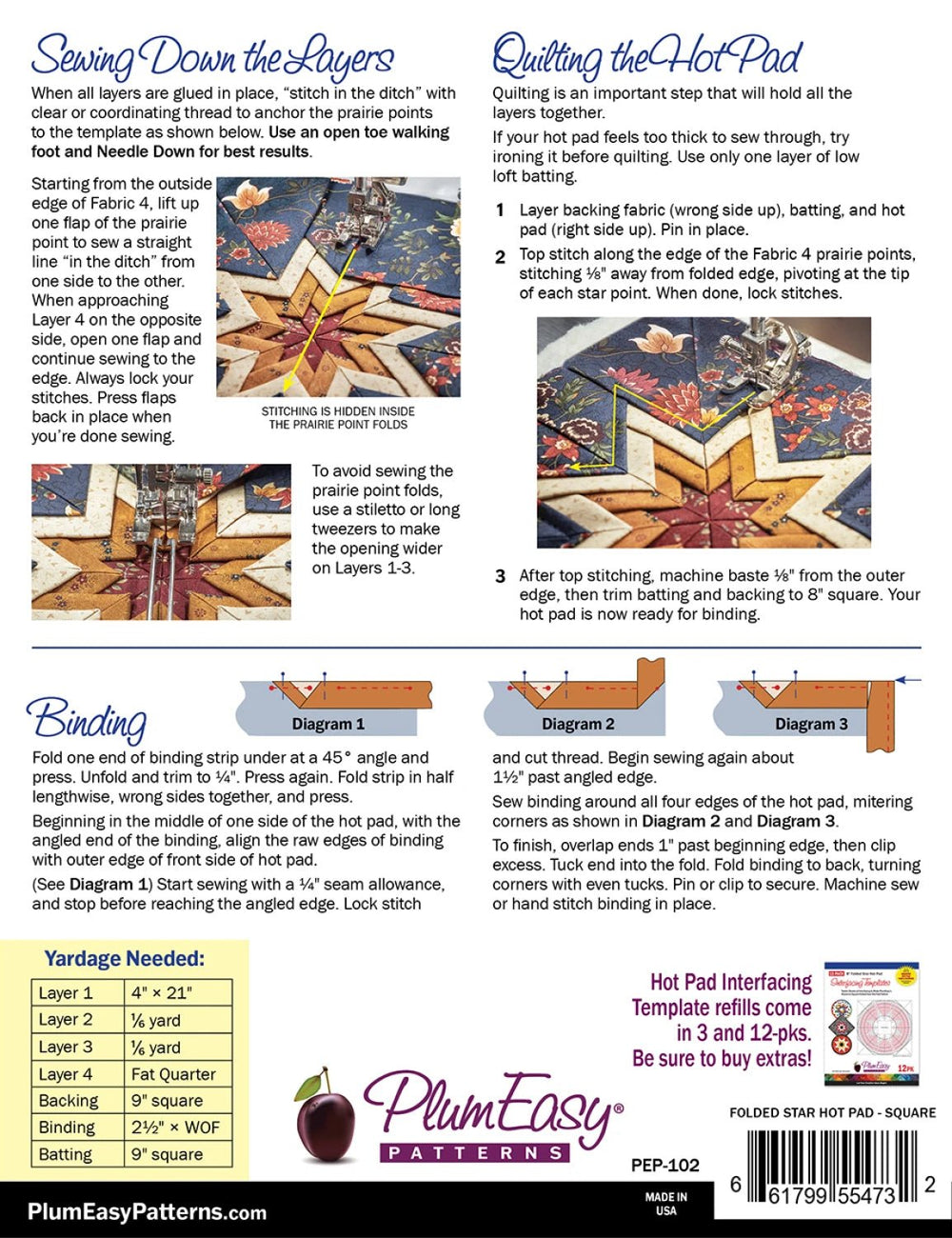 Folded Star Hot Pad - Square (PEP102) - Maple Leaf Quilting Company Ltd.