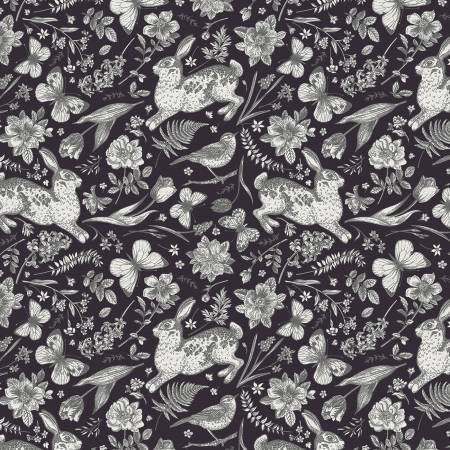 Grey On Black Garden Toss 118" Cotton (183 - 25360) – Sold in UNITS of ¼ metre - Maple Leaf Quilting Company Ltd.