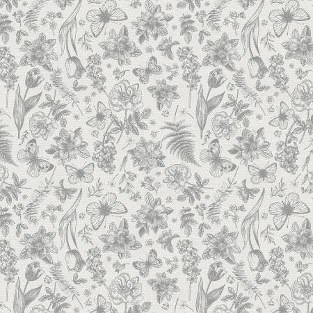 Grey On White Floral Toss 118" Cotton (183 - 25361) – Sold in UNITS of ¼ metre - Maple Leaf Quilting Company Ltd.