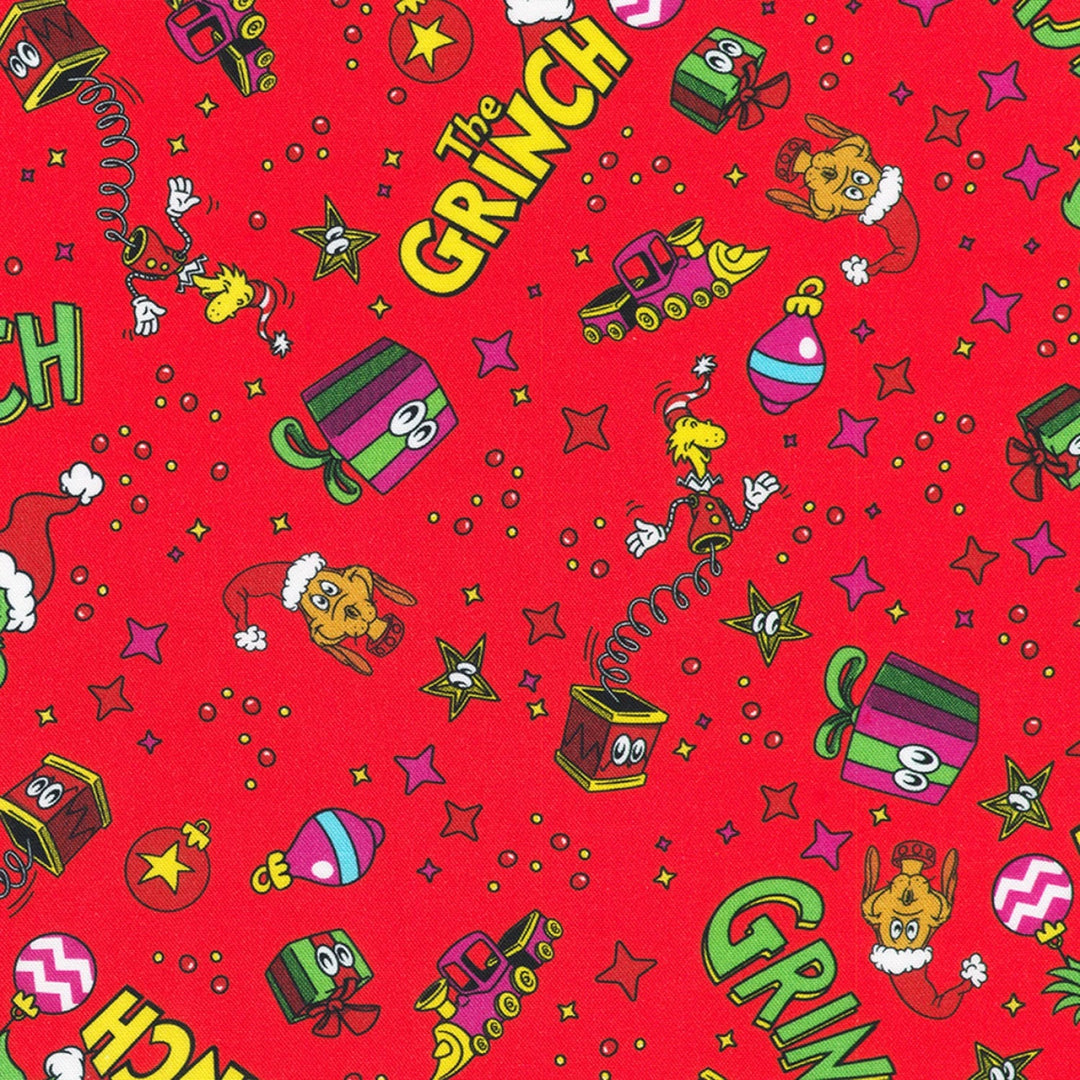 Grinch Icon Toss Red 44” - (ADED231003) – Sold in UNITS of ¼ metre - Maple Leaf Quilting Company Ltd.