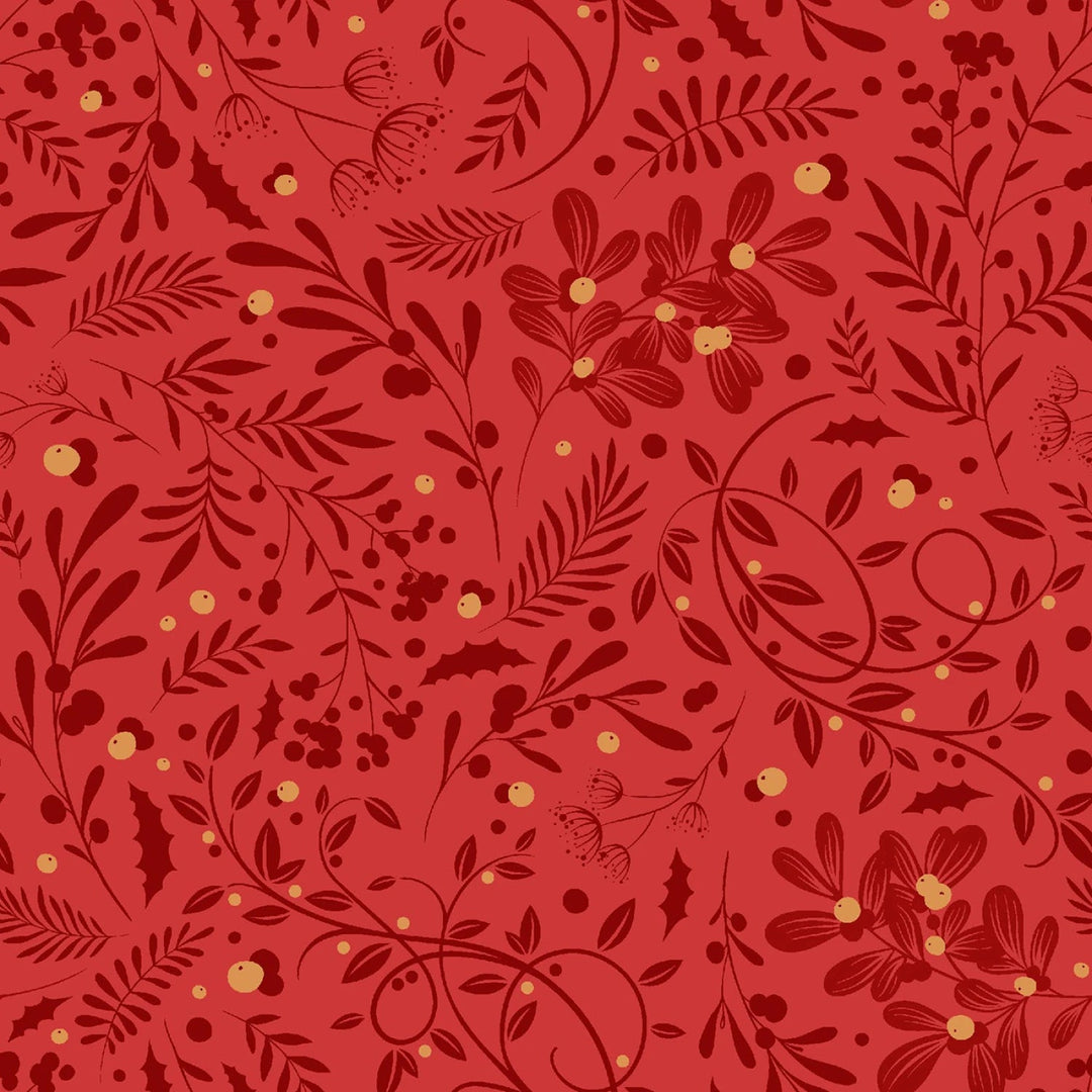 Holly Jolly Calico - Crimson Swirls Foliage 6" | 44"/45" Cotton - Maple Leaf Quilting Company Ltd.