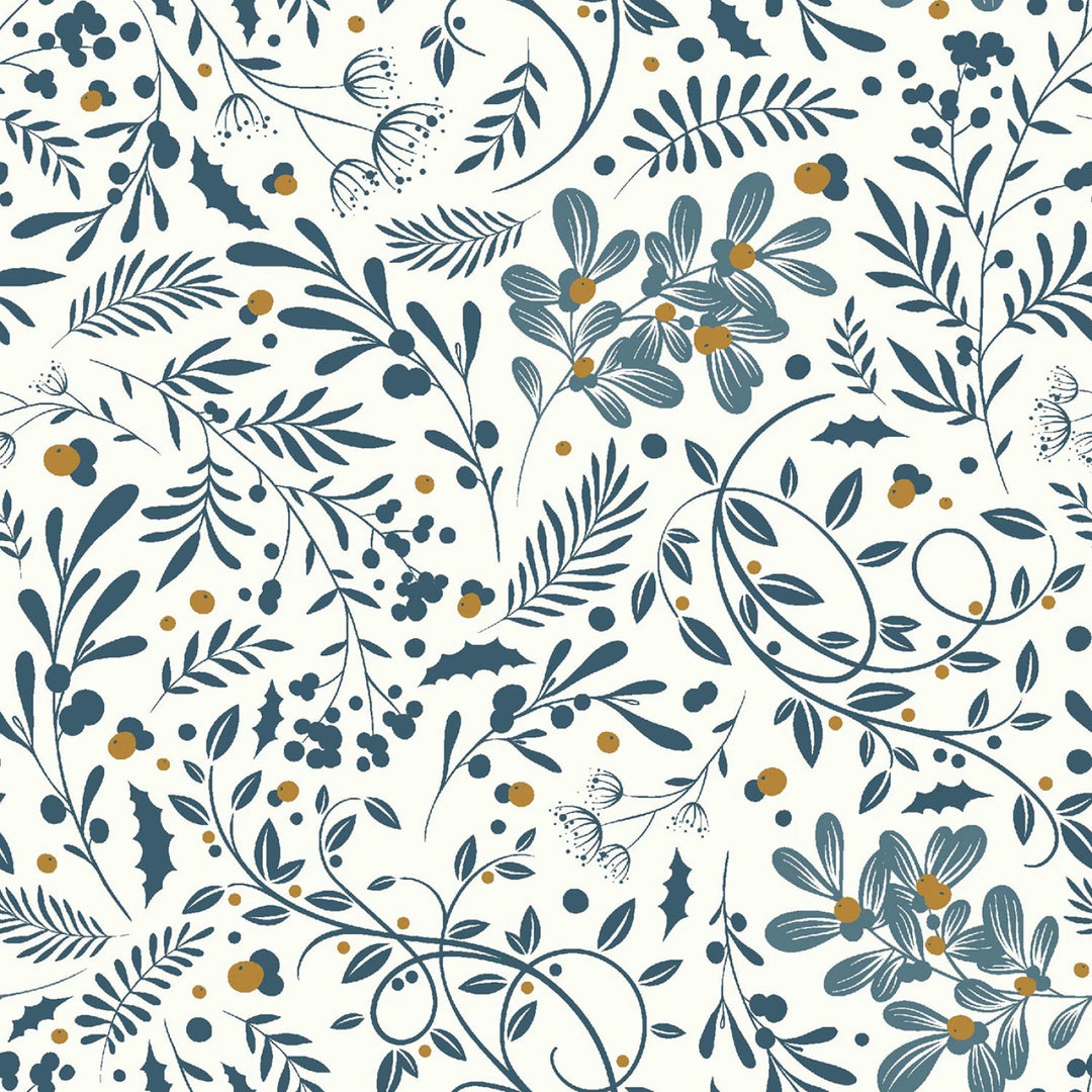 Holly Jolly Calico - Ecru/Navy Swirls Foliage 6" | 44"/45 Cotton - Maple Leaf Quilting Company Ltd.