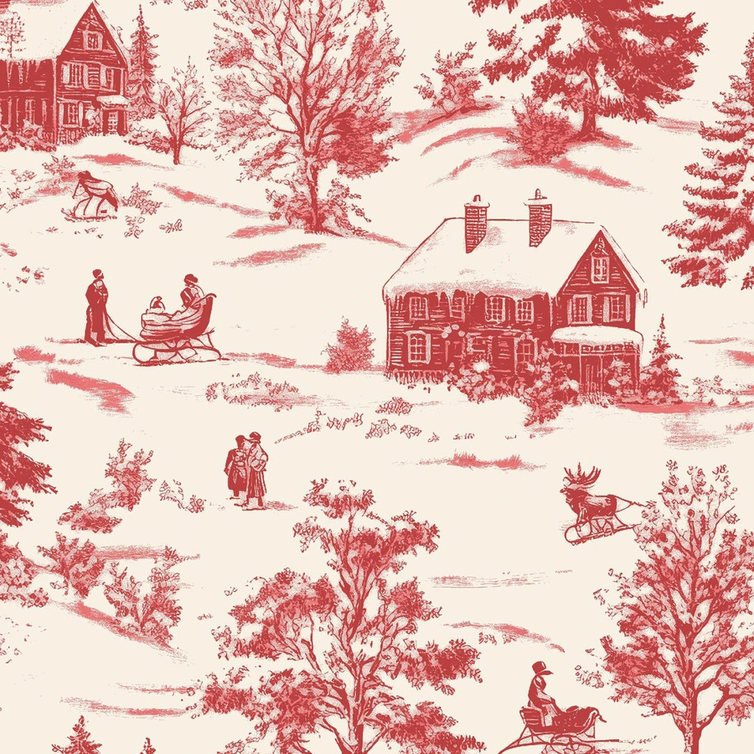 Holly Jolly Calico - Ecru/Red Winter Scene 8" | 44"/45" Cotton - Maple Leaf Quilting Company Ltd.