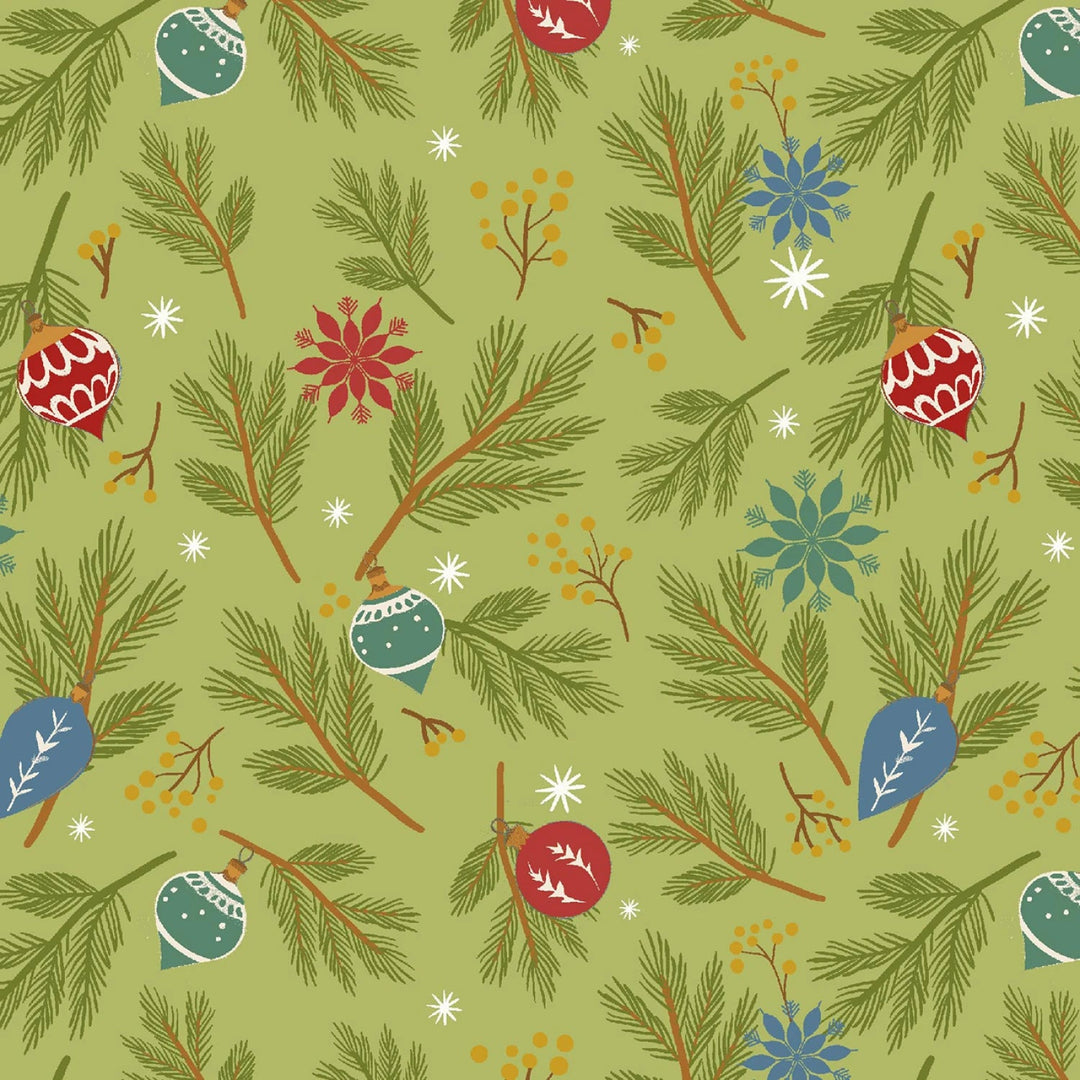 Holly Jolly Calico - Evergreen Pine Bough Ornaments 4.8" | 44"/45" Cotton - Maple Leaf Quilting Company Ltd.
