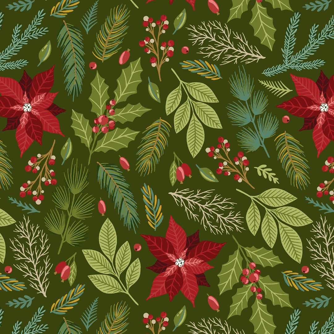 Holly Jolly Calico - Evergreen Poinsettia Floral 8" | 44"/45" Cotton - Maple Leaf Quilting Company Ltd.