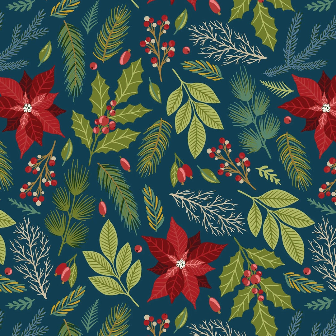 Holly Jolly Calico - Navy Poinsettia Floral 8" | 44"/45" Cotton - Maple Leaf Quilting Company Ltd.