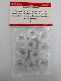 Husqvarna VIKING® Branded PREWOUND EMB BOBBINS, White, 10 pkg (FITS GROUP 8 ) - Maple Leaf Quilting Company Ltd.