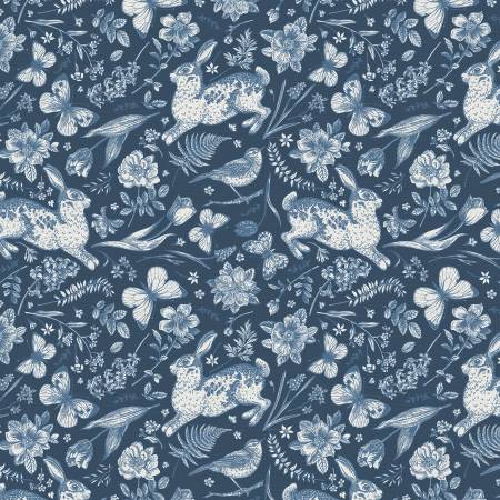 Light Blue On Dark Blue Garden Toss 118" Cotton (183 - 25352) – Sold in UNITS of ¼ metre - Maple Leaf Quilting Company Ltd.