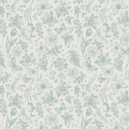 Light Green On White Floral Toss 118" Cotton (183 - 25345) – Sold in UNITS of ¼ metre - Maple Leaf Quilting Company Ltd.