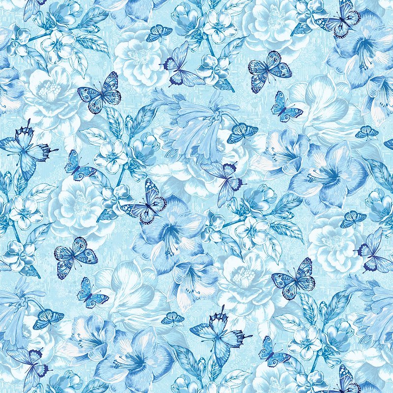 Lt. Blue Monotone Butterfly and Floral 108" Cotton (8164WS - 17) – Sold in UNITS of ¼ metre - Maple Leaf Quilting Company Ltd.