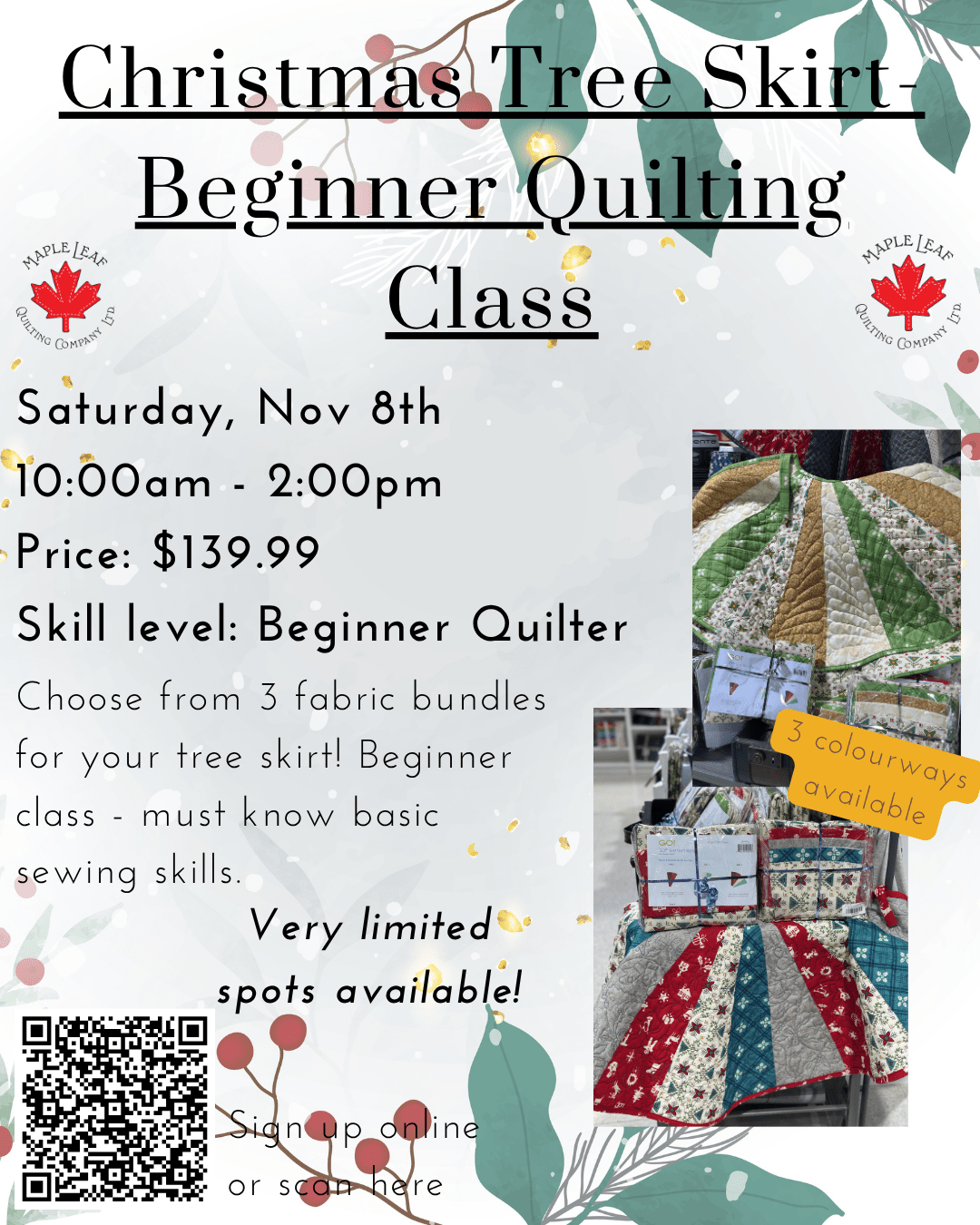 Maple Leaf Stitching Academy Beginner Quilting Class - Pre - Cut Tree Skirt Class - Maple Leaf Quilting Company Ltd.