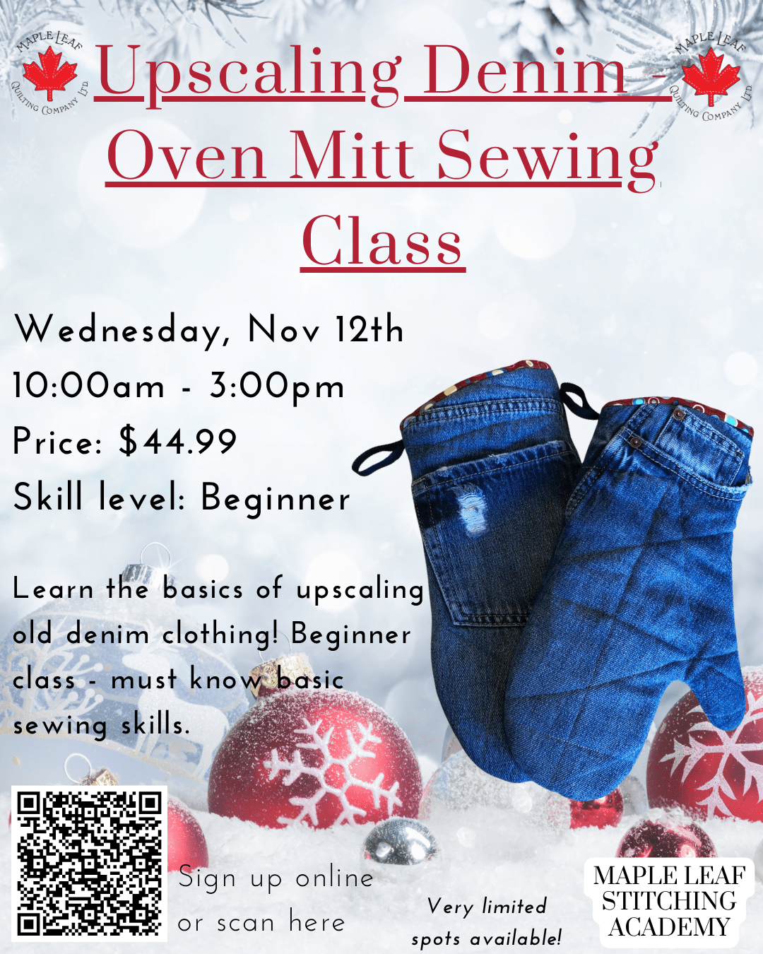 Maple Leaf Stitching Academy Denim Upcycling Class - Beginner Oven Mitt - Maple Leaf Quilting Company Ltd.