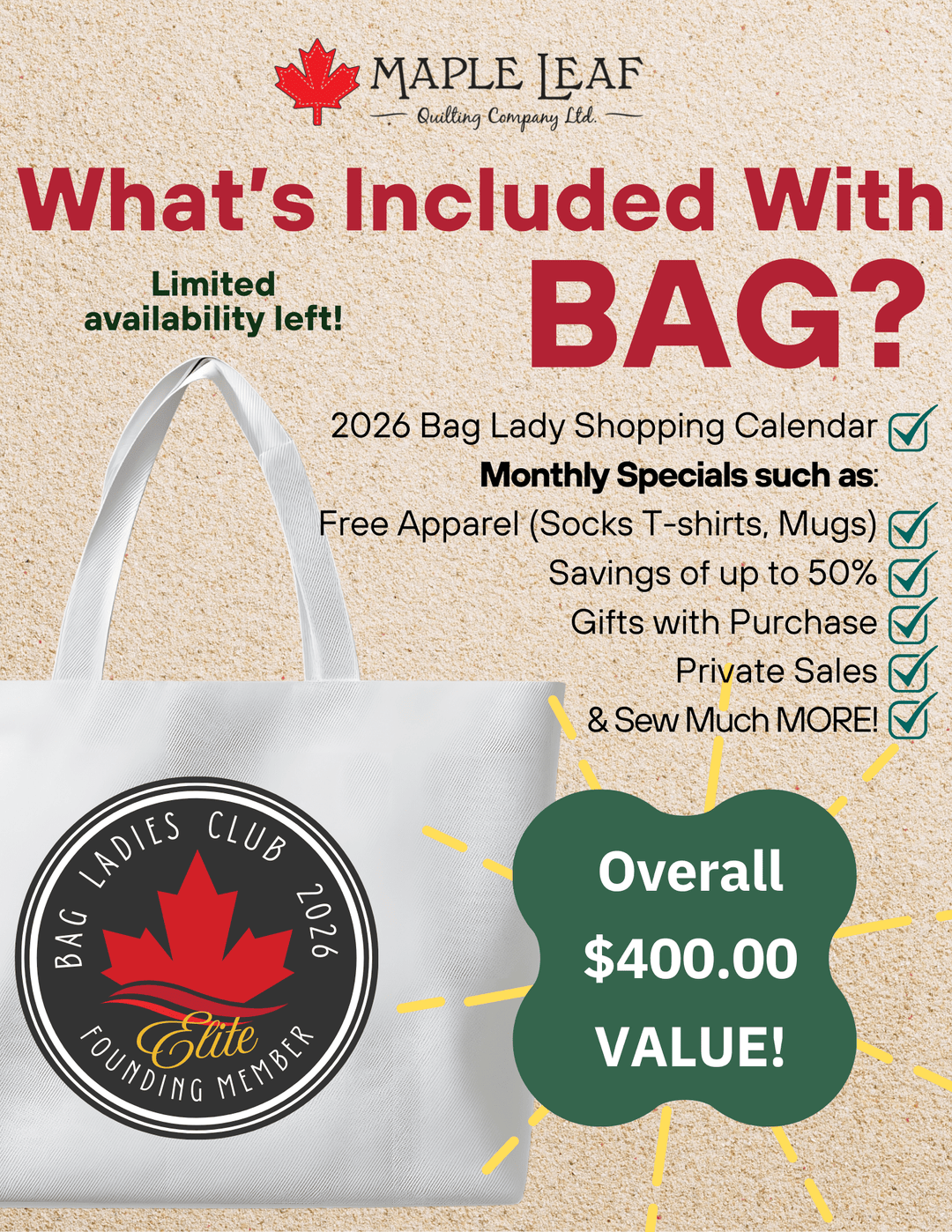 MLQC Bag Lady Club - 2026 Founding Member - Maple Leaf Quilting Company Ltd.