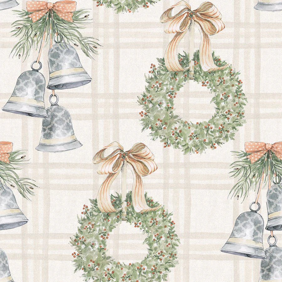 Off White - Silver Bells and Festive Wreaths 44" Wide Cotton (66250402-01) 🇨🇦 - Maple Leaf Quilting Company Ltd.
