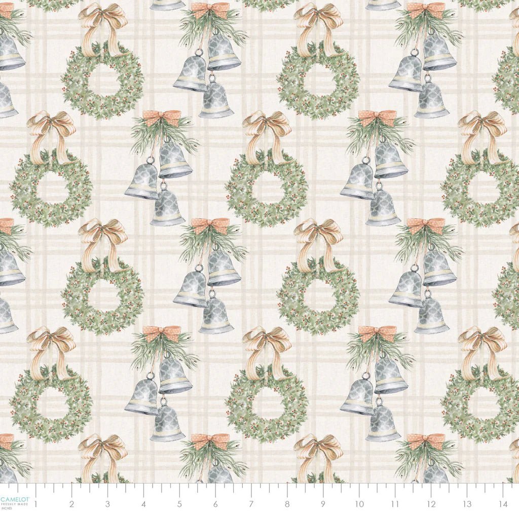 Off White - Silver Bells and Festive Wreaths 44" Wide Cotton (66250402-01) 🇨🇦 - Maple Leaf Quilting Company Ltd.