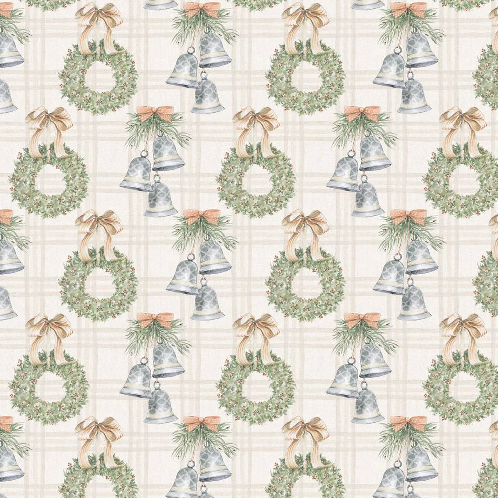 Off White - Silver Bells and Festive Wreaths 44" Wide Cotton (66250402-01) 🇨🇦 - Maple Leaf Quilting Company Ltd.