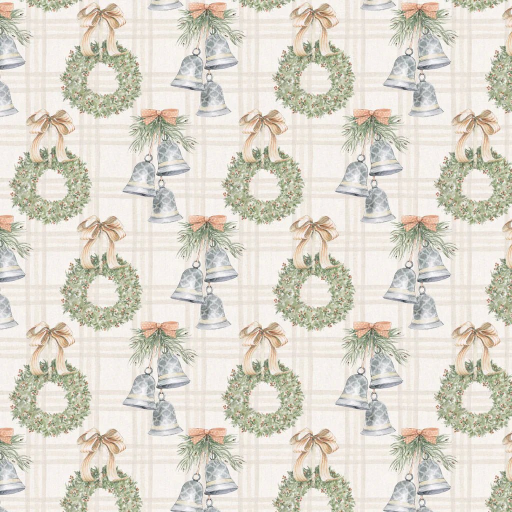 Off White - Silver Bells and Festive Wreaths 44" Wide Cotton (66250402-01) 🇨🇦 - Maple Leaf Quilting Company Ltd.