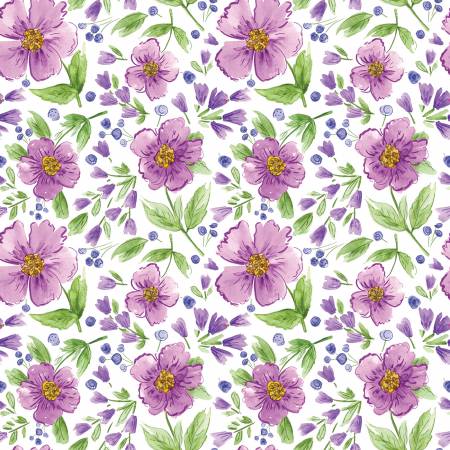 Plum Petals Flower Toss 108" Cotton (WB15647R - CLOUD) – Sold in UNITS of ¼ metre - Maple Leaf Quilting Company Ltd.