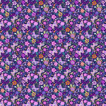 Purple Enchanted Garden On 108" Cotton (WBX11320 - NAVY) – Sold in UNITS of ¼ metre - Maple Leaf Quilting Company Ltd.