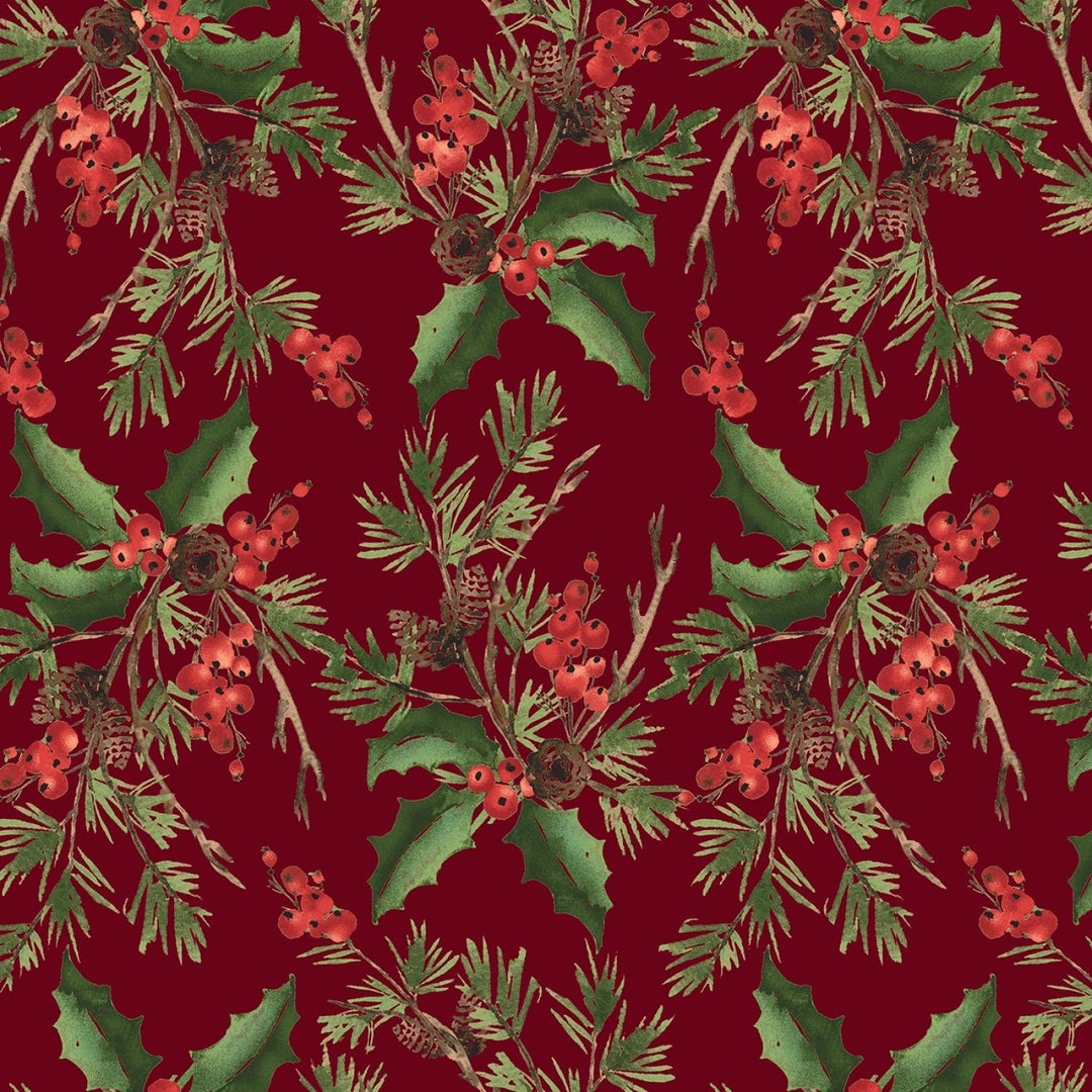 Red Holly Bouquet | 108” Cotton (1883 - 88) - Sold in UNITS of 1/4 metre - Maple Leaf Quilting Company Ltd.