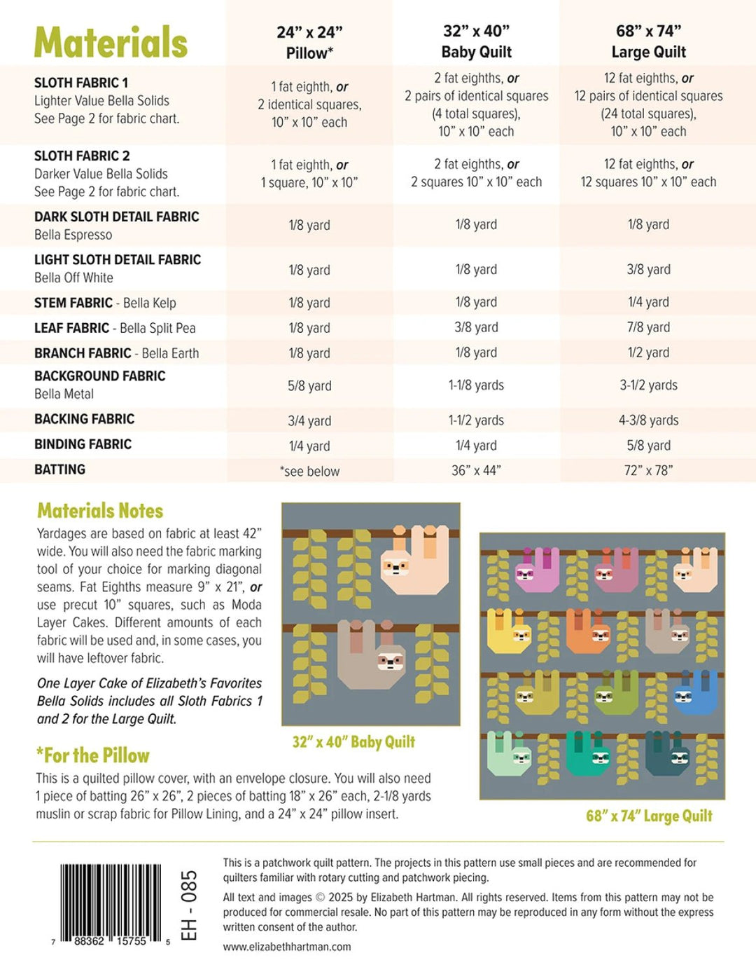 Snuggly Sloths (EH085) - Maple Leaf Quilting Company Ltd.