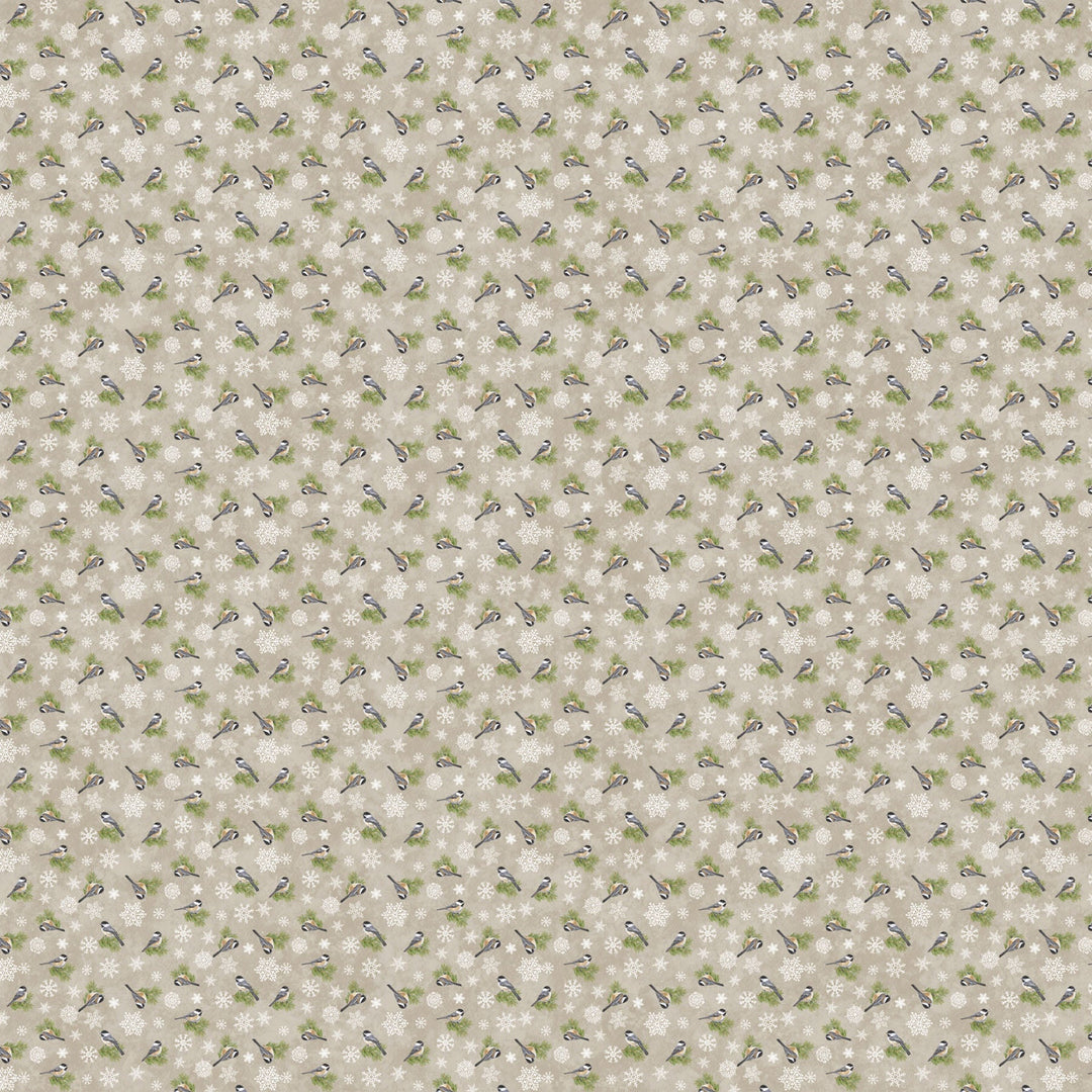 Taupe Multi Chickadees - Winter Woodland | 43/44" Cotton (28871 - 12) - Sold in UNITS of ¼ metre - Maple Leaf Quilting Company Ltd.