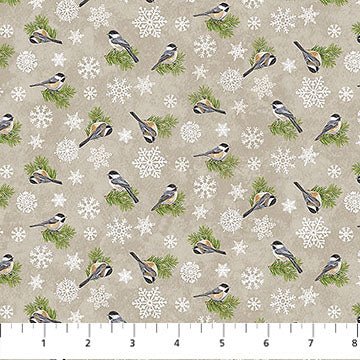 Taupe Multi Chickadees - Winter Woodland | 43/44" Cotton (28871 - 12) - Sold in UNITS of ¼ metre - Maple Leaf Quilting Company Ltd.